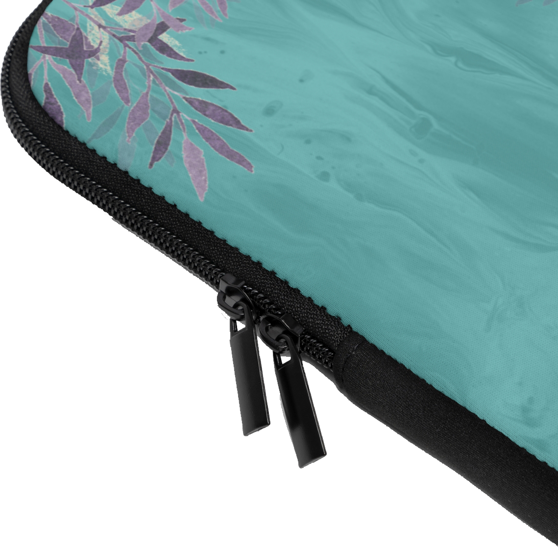 Close-up of the Floral Teal Monogram Custom Name Laptop Sleeve sleeve corner showing the printed design, the padded edge and the dual zipper pulls