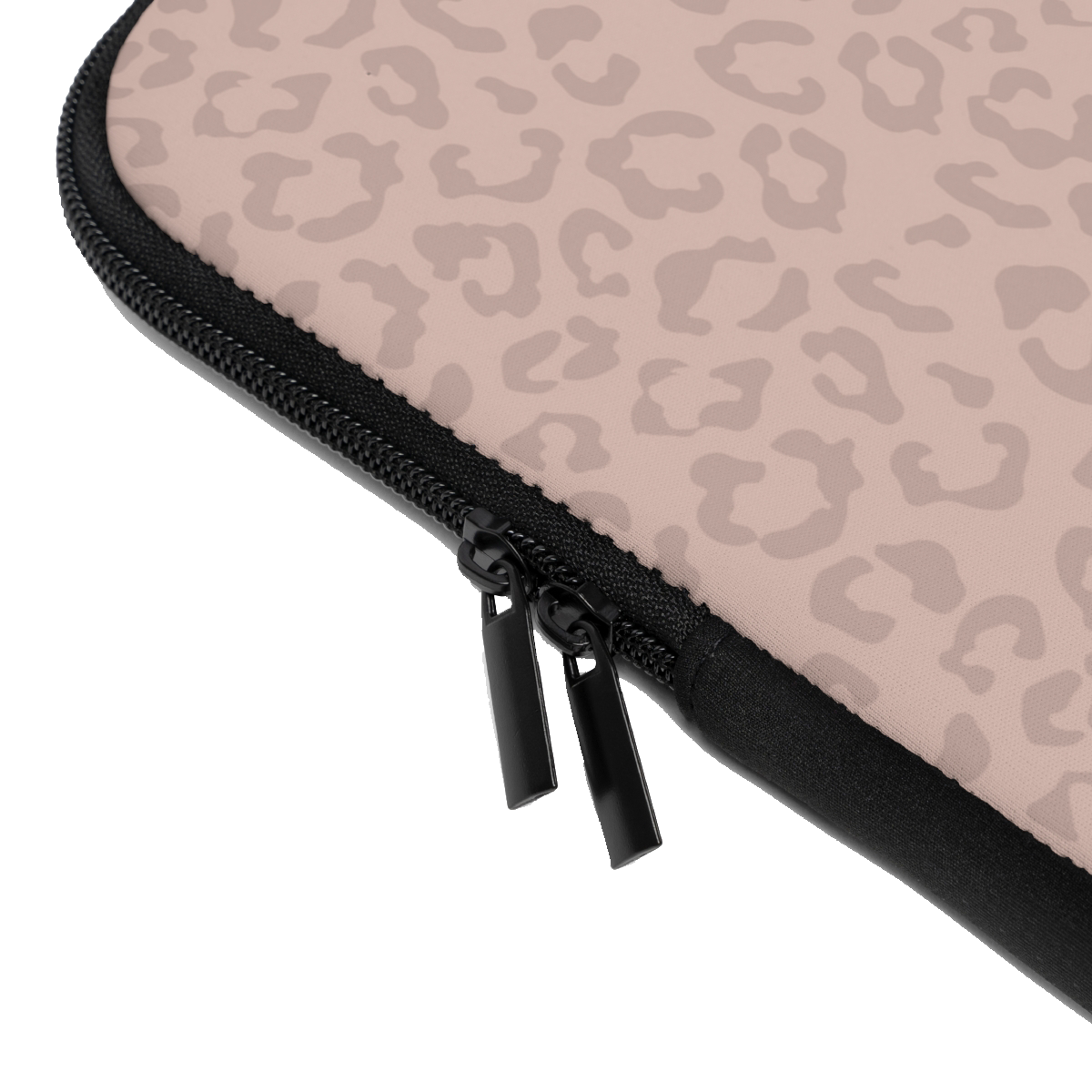 Close-up of the Nude Pink Leopard Custom Name Laptop Sleeve sleeve corner showing the printed design, the padded edge and the dual zipper pulls