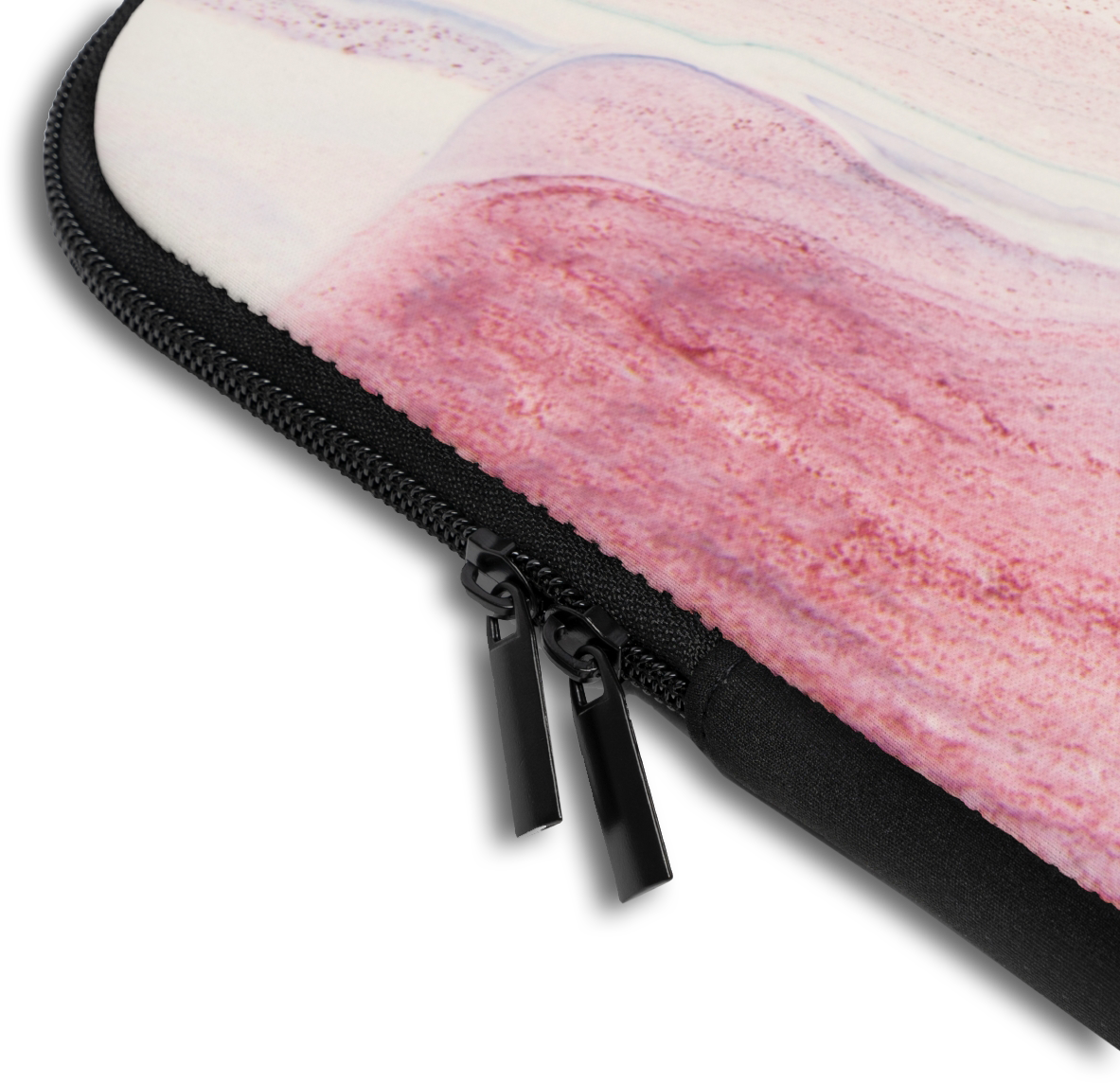 Close-up of the Nude Marble Custom Name Laptop Sleeve sleeve corner showing the printed design, the padded edge and the dual zipper pulls
