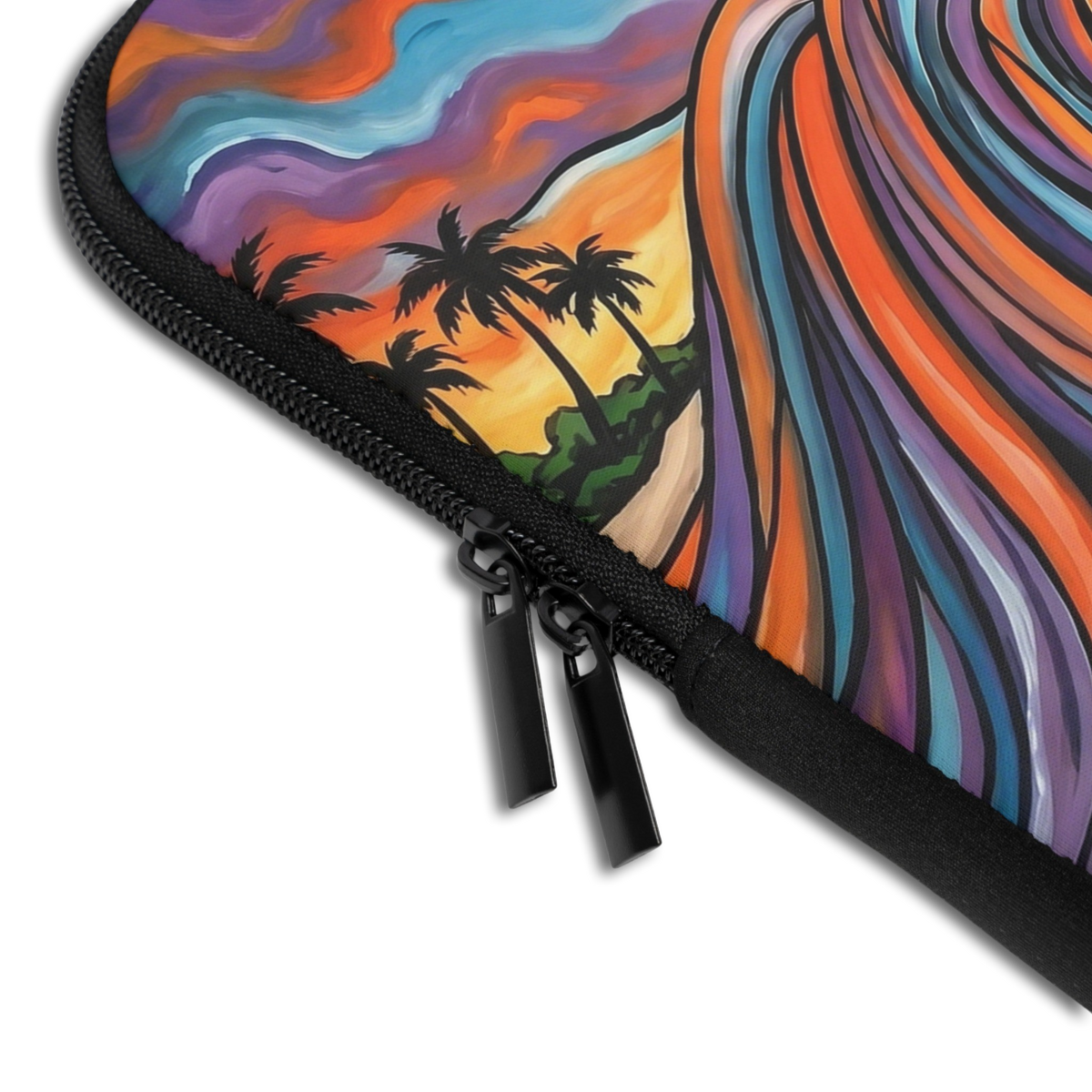 Close-up of the Personalized Ocean Flow Laptop Sleeve sleeve corner showing the printed design, the padded edge and the dual zipper pulls