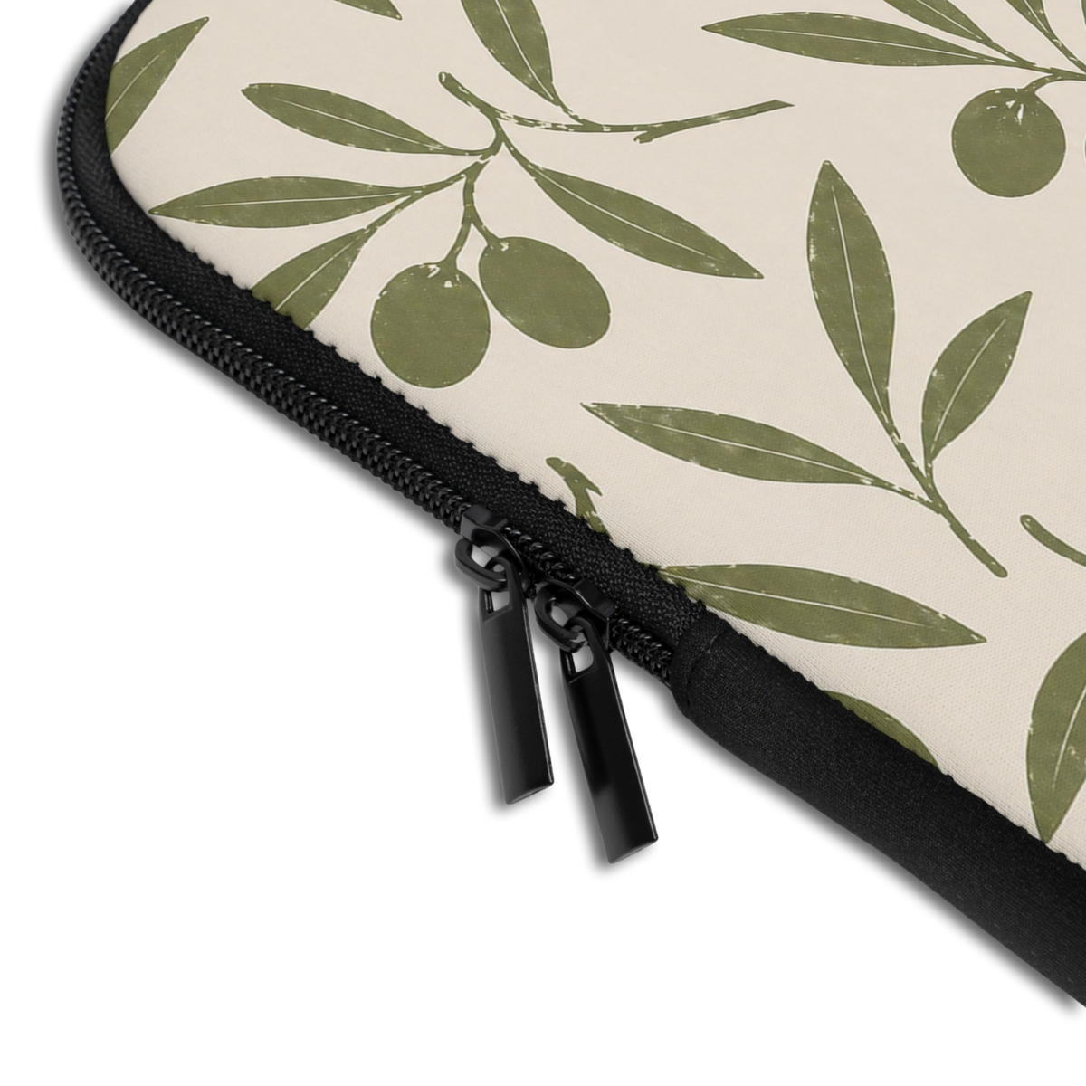 Close-up of the Personalized Olive Branch Laptop Sleeve sleeve corner showing the printed design, the padded edge and the dual zipper pulls
