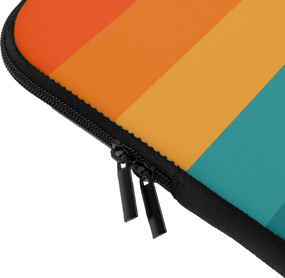 Close-up of the Orange Teal Rainbow Custom Name Laptop Sleeve sleeve corner showing the printed design, the padded edge and the dual zipper pulls