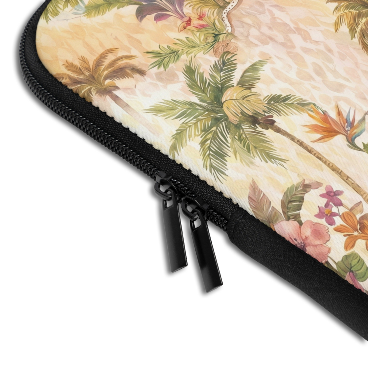 Close-up of the Personalized Palms of Jaipur Laptop Sleeve sleeve corner showing the printed design, the padded edge and the dual zipper pulls