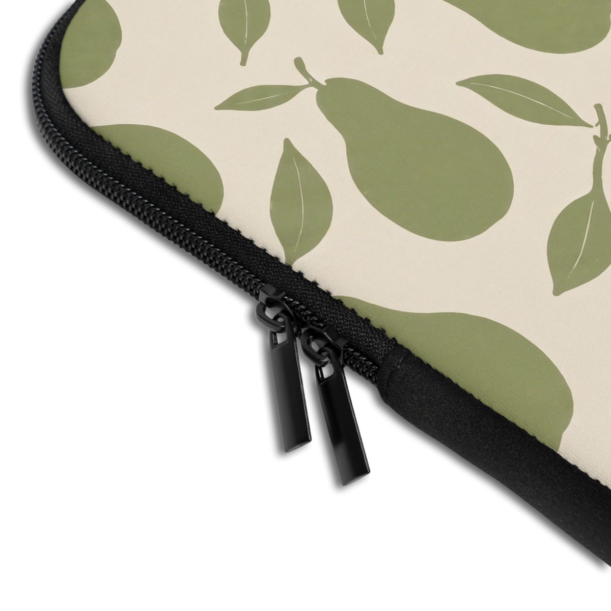Close-up of the Personalized Pear Grove Laptop Sleeve sleeve corner showing the printed design, the padded edge and the dual zipper pulls