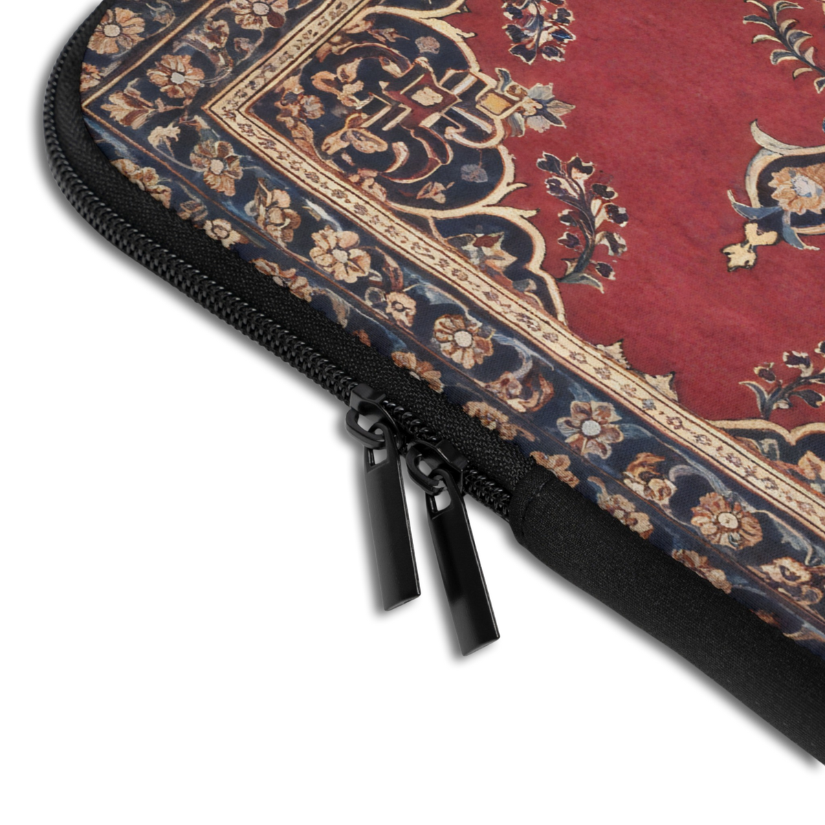 Close-up of the Personalized Persian Carpet Laptop Sleeve sleeve corner showing the printed design, the padded edge and the dual zipper pulls