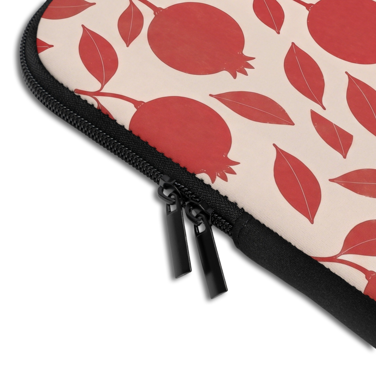 Close-up of the Personalized Pomegranate Bloom Laptop Sleeve sleeve corner showing the printed design, the padded edge and the dual zipper pulls
