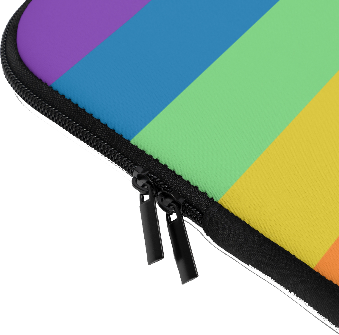 Close-up of the LGBTQ Rainbow Custom Name Laptop Sleeve sleeve corner showing the printed design, the padded edge and the dual zipper pulls