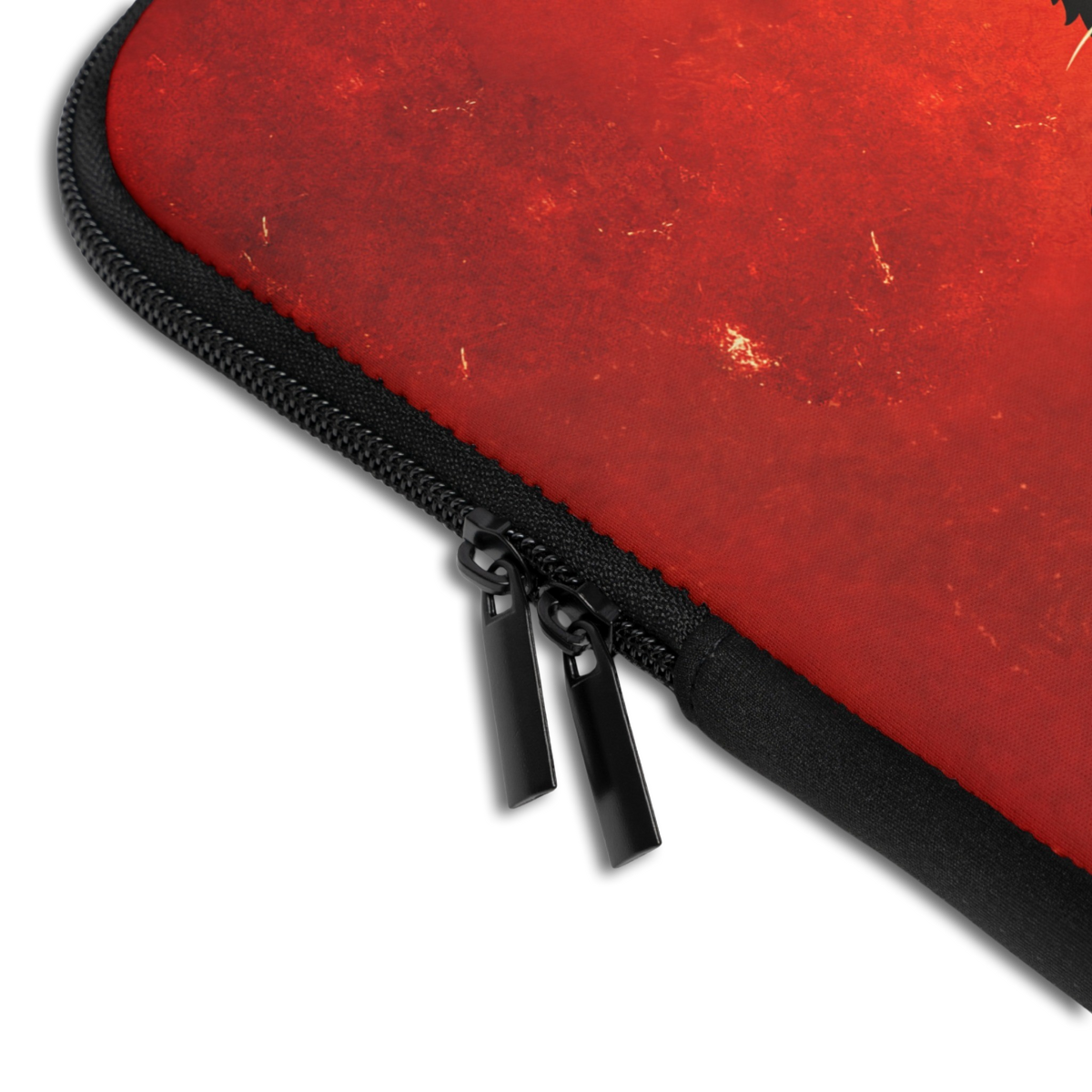 Close-up of the Personalized Ramen Cat Laptop Sleeve sleeve corner showing the printed design, the padded edge and the dual zipper pulls