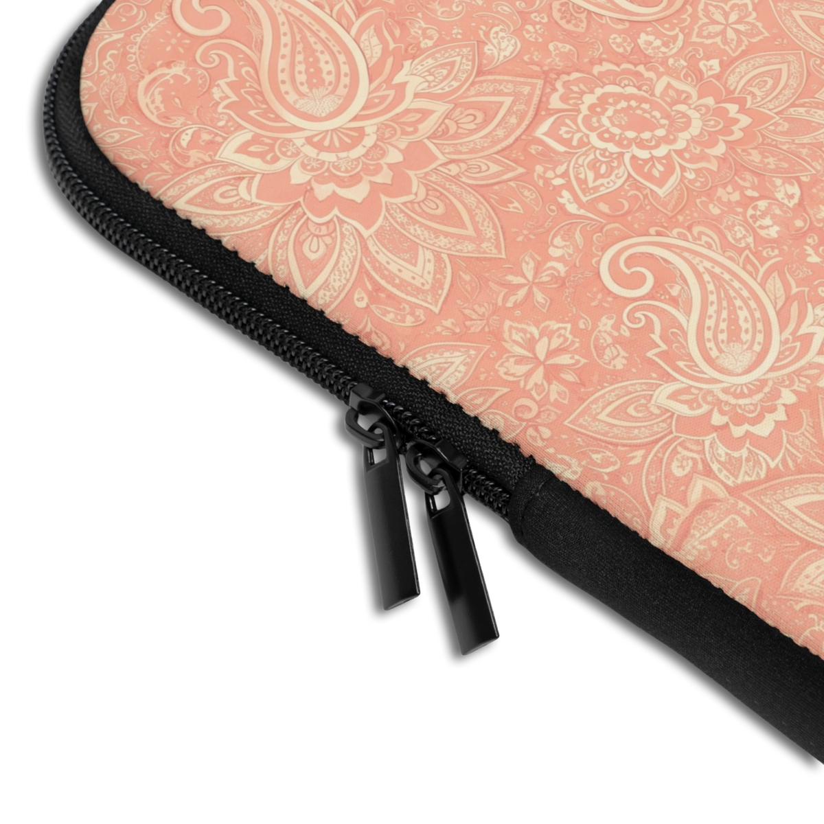 Close-up of the Personalized Resort Paisley Laptop Sleeve sleeve corner showing the printed design, the padded edge and the dual zipper pulls