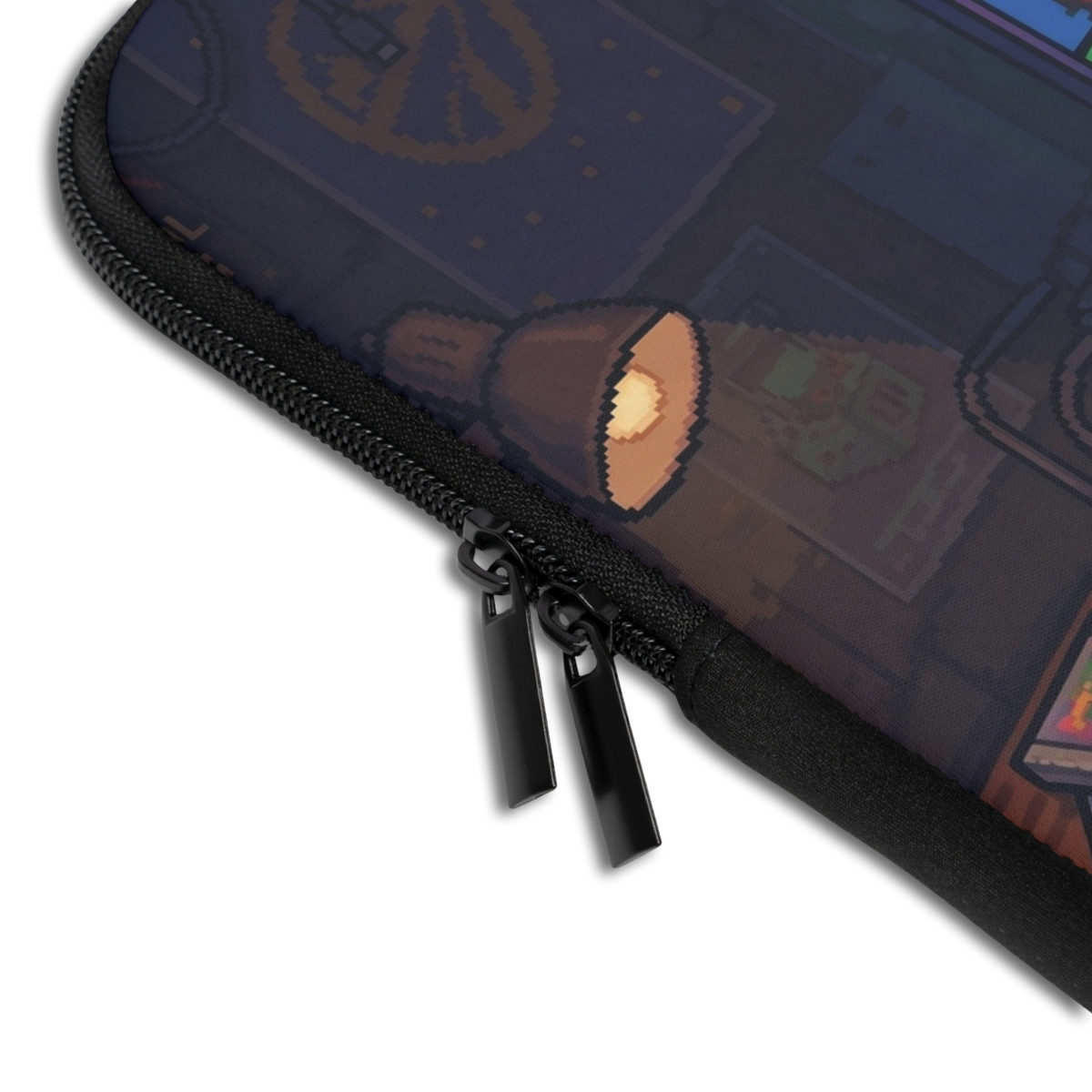 Close-up of the Personalized Retro Gamer Desktop Laptop Sleeve sleeve corner showing the printed design, the padded edge and the dual zipper pulls