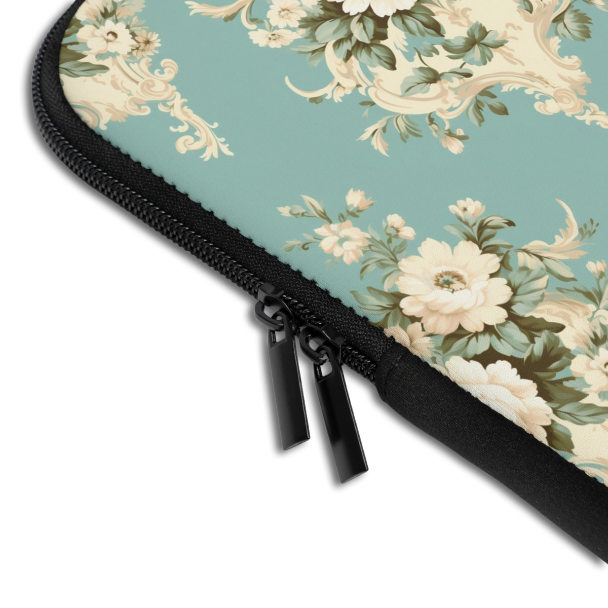 Close-up of the Personalized Shabby Chic Rococo Laptop Sleeve sleeve corner showing the printed design, the padded edge and the dual zipper pulls