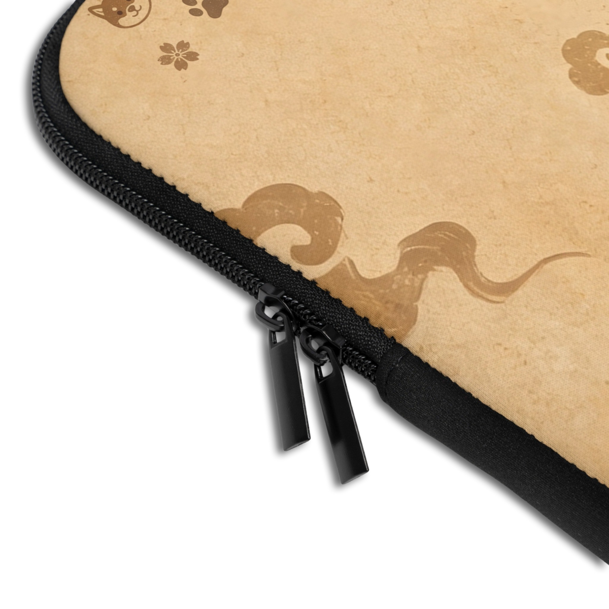 Close-up of the Personalized Shiba Inu Ramen Laptop Sleeve sleeve corner showing the printed design, the padded edge and the dual zipper pulls