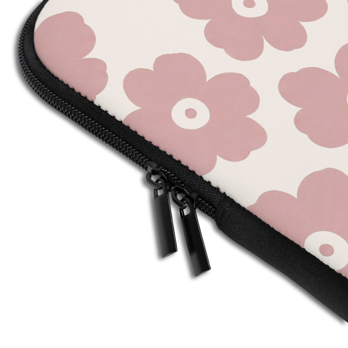 Close-up of the Personalized Soft Bloom Laptop Sleeve sleeve corner showing the printed design, the padded edge and the dual zipper pulls