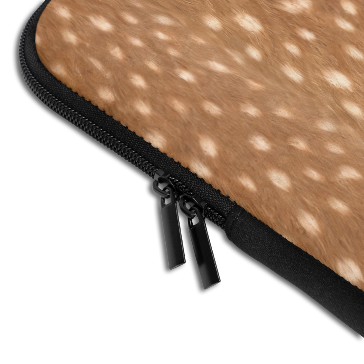 Close-up of the Personalized Spotted Deer Fur Laptop Sleeve sleeve corner showing the printed design, the padded edge and the dual zipper pulls