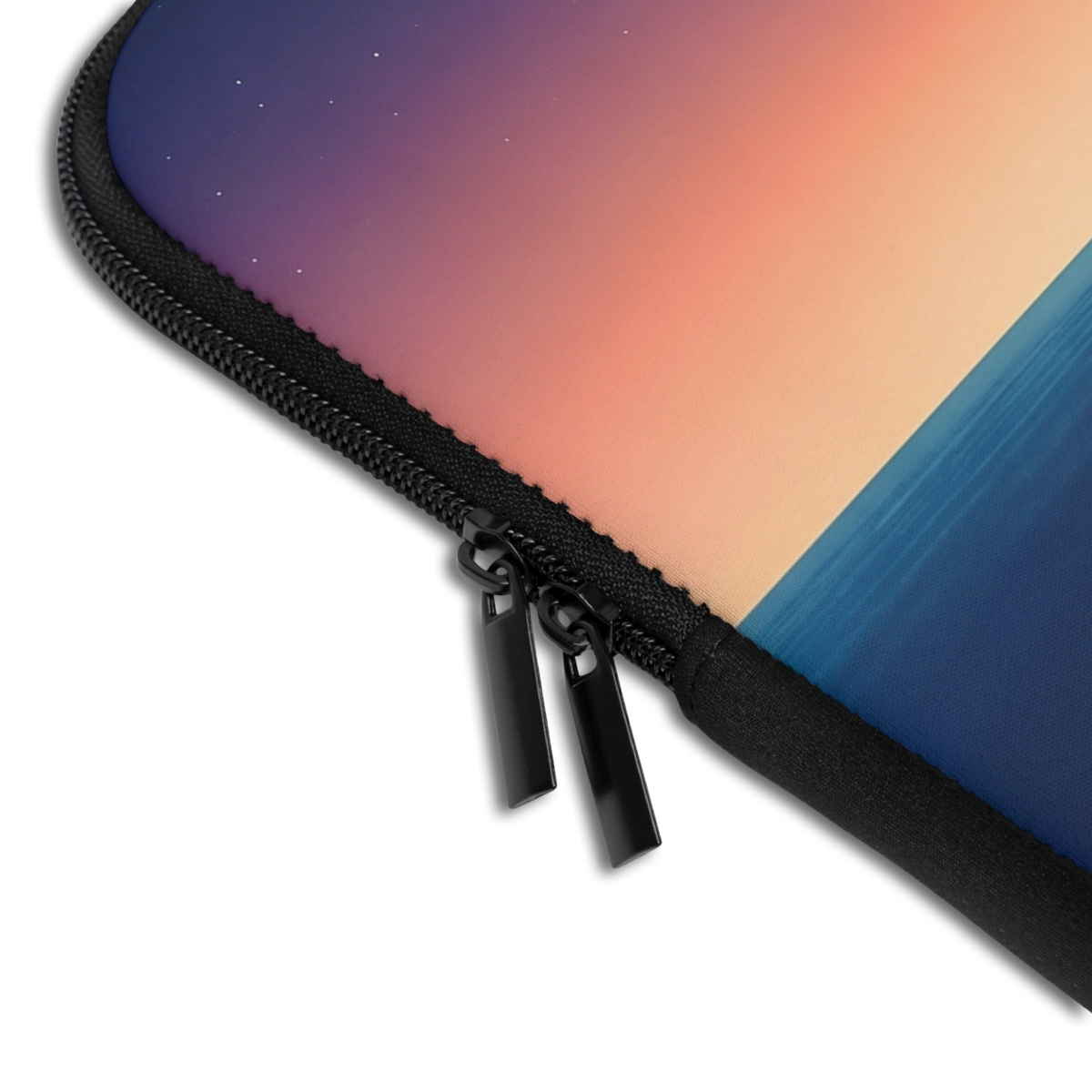 Close-up of the Personalized Still Winning Laptop Sleeve sleeve corner showing the printed design, the padded edge and the dual zipper pulls