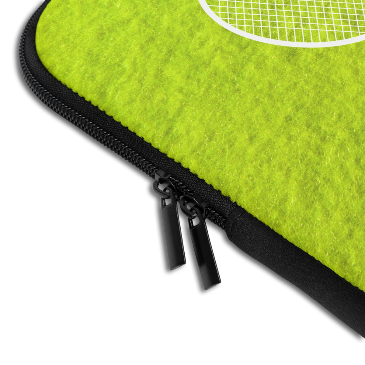 Close-up of the Personalized Tennis Laptop Sleeve sleeve corner showing the printed design, the padded edge and the dual zipper pulls