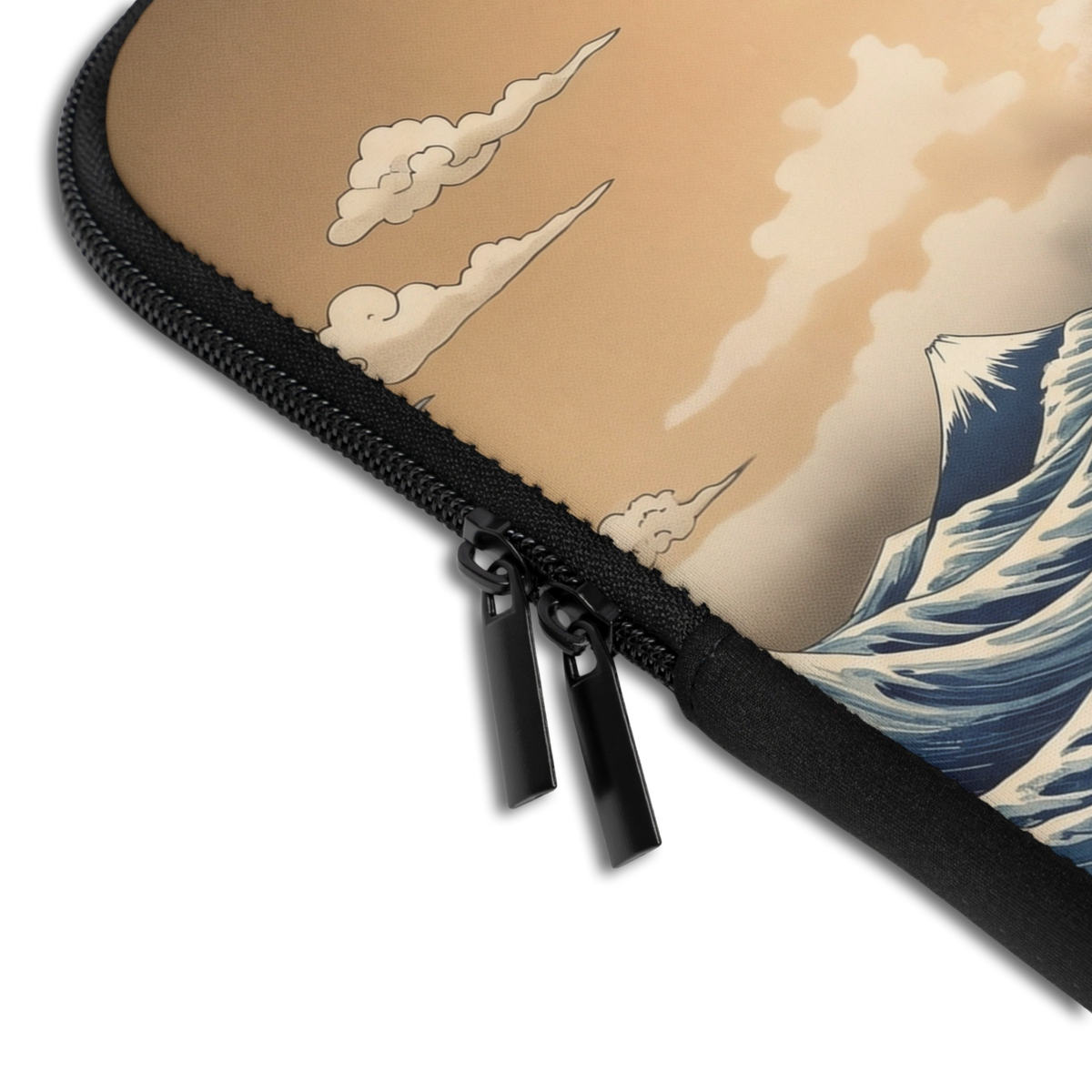 Close-up of the Personalized The Great Wave off Kanagawa Laptop Sleeve sleeve corner showing the printed design, the padded edge and the dual zipper pulls