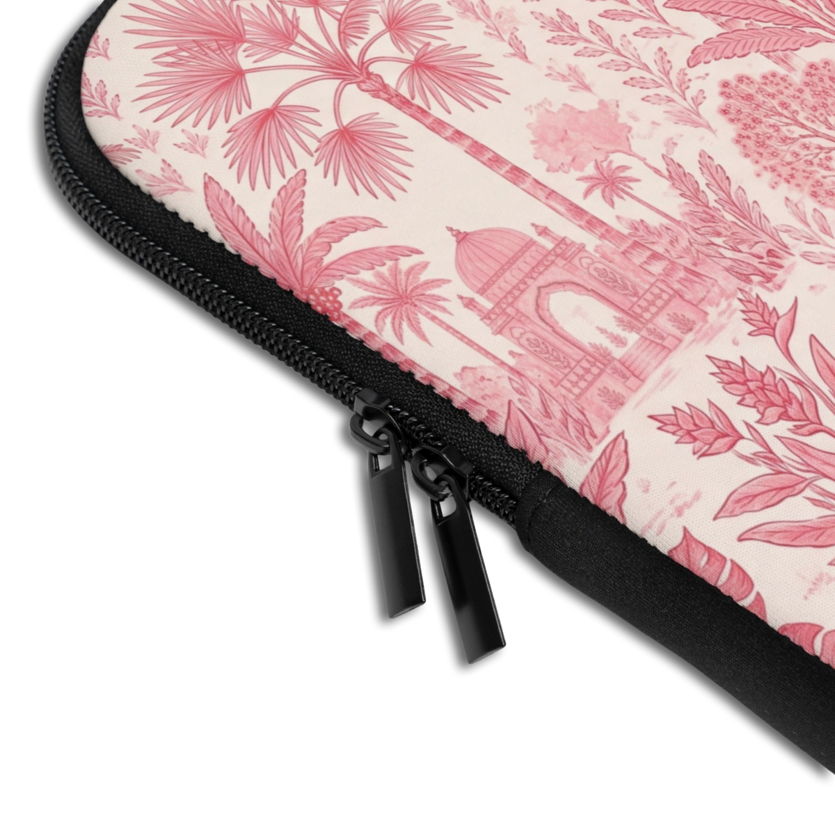 Close-up of the Personalized Tiger Palace Laptop Sleeve sleeve corner showing the printed design, the padded edge and the dual zipper pulls