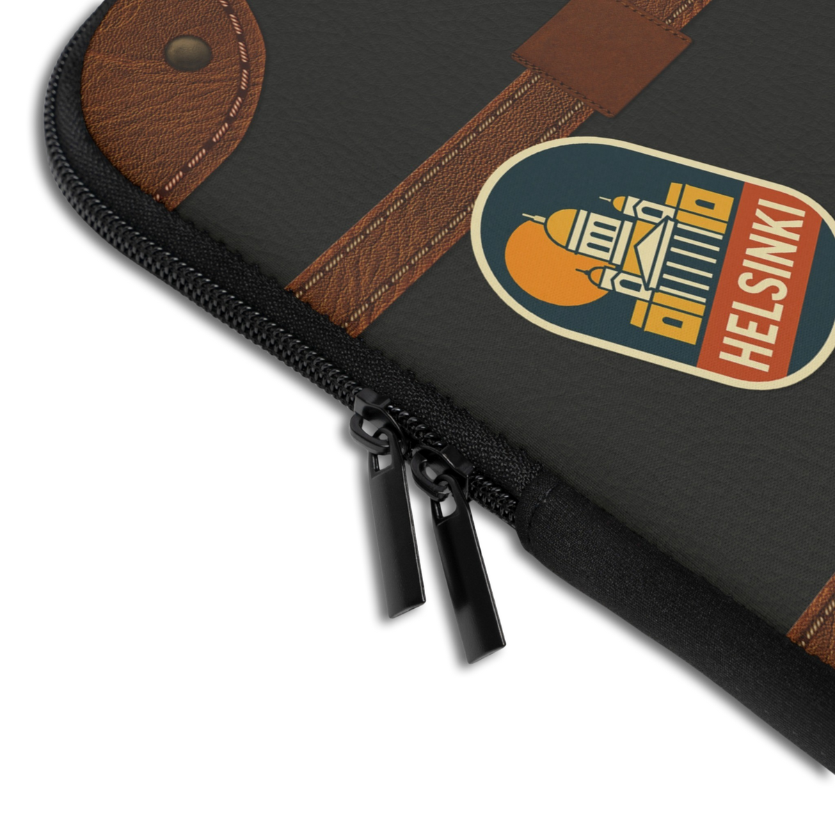 Close-up of the Personalized Travel Sticker Suitcase Laptop Sleeve sleeve corner showing the printed design, the padded edge and the dual zipper pulls