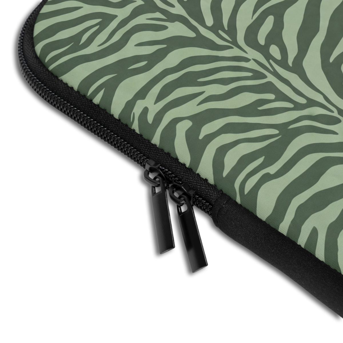 Close-up of the Personalized Urban Zebra Laptop Sleeve sleeve corner showing the printed design, the padded edge and the dual zipper pulls