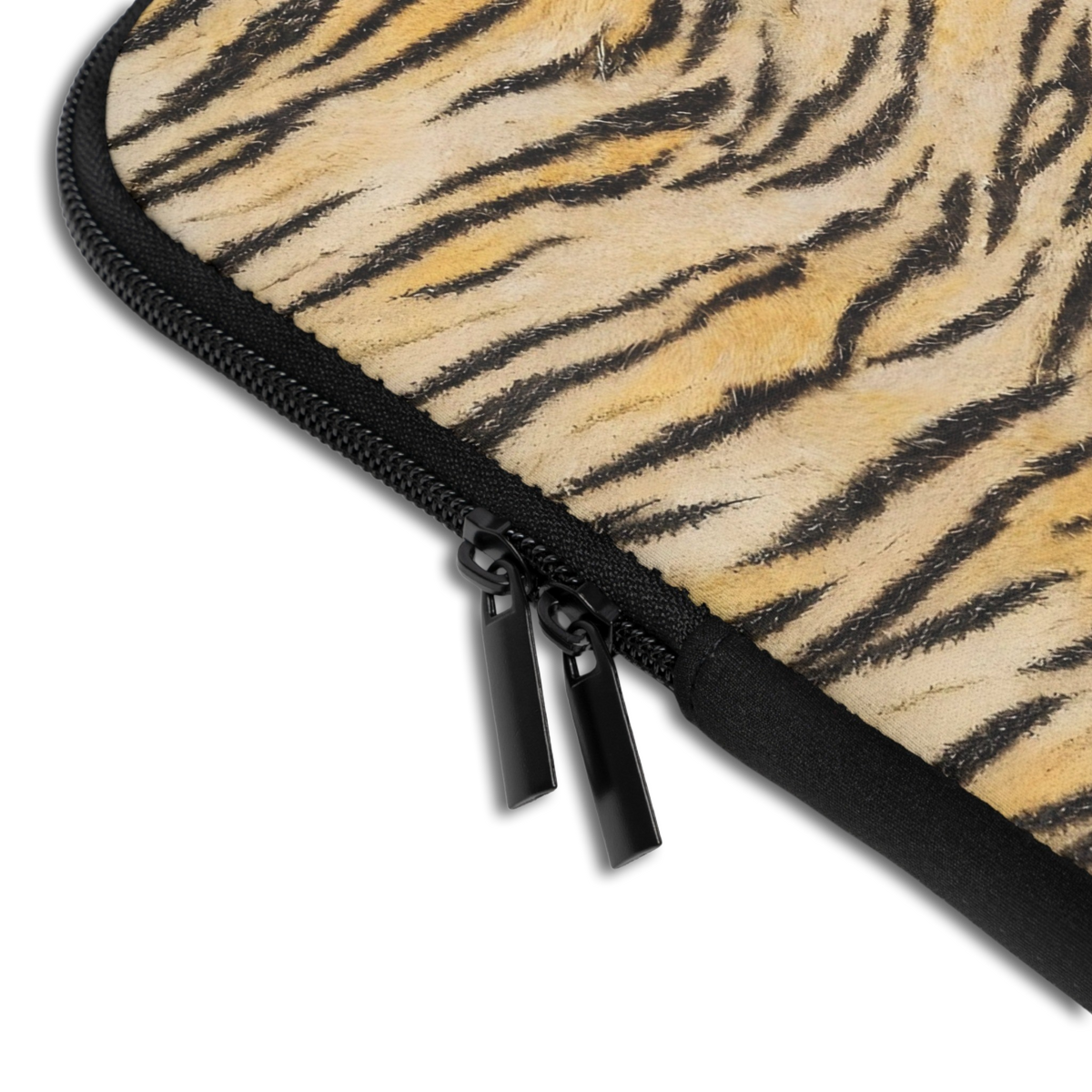Close-up of the Personalized Velvet Tiger Laptop Sleeve sleeve corner showing the printed design, the padded edge and the dual zipper pulls