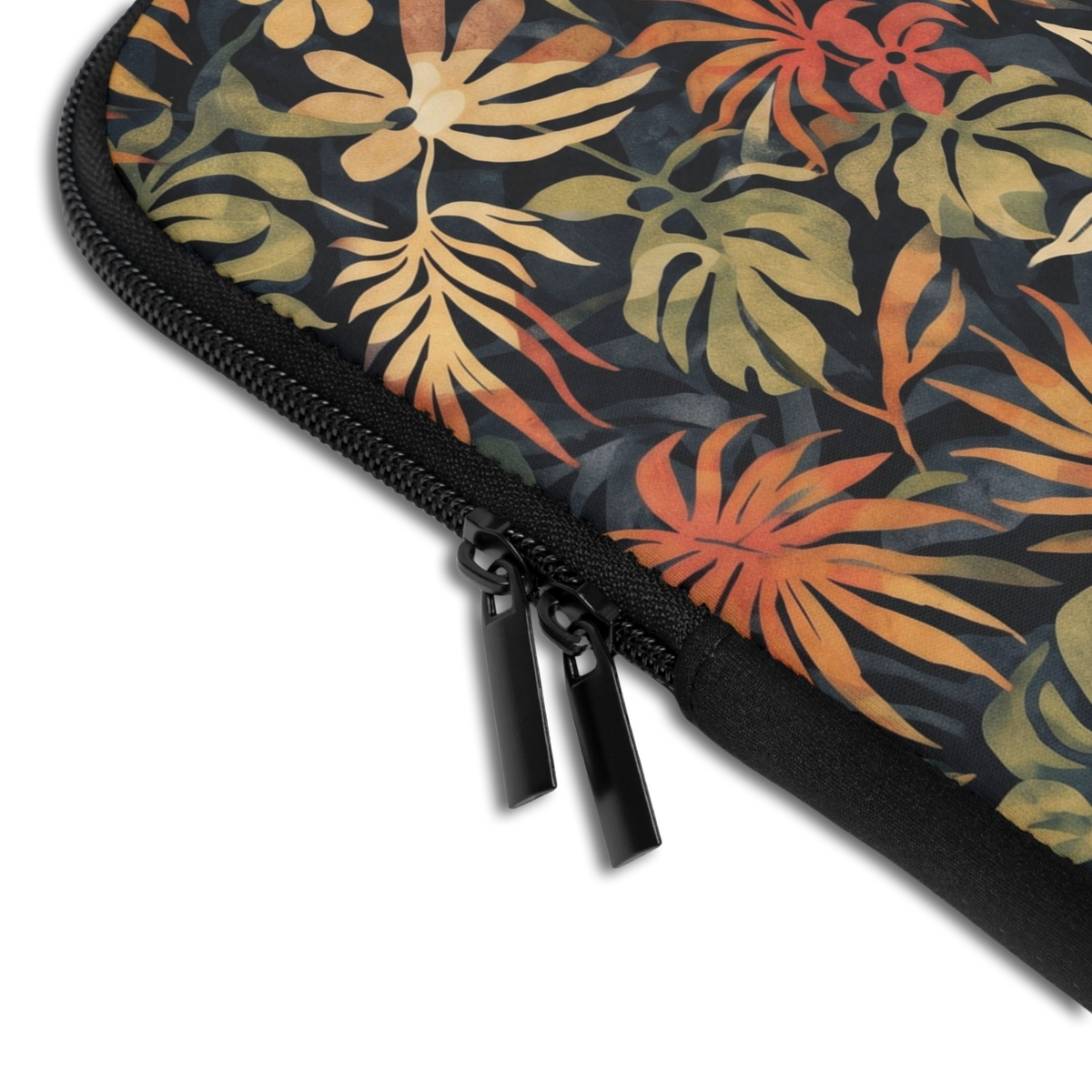 Close-up of the Personalized Wild Canopy Laptop Sleeve sleeve corner showing the printed design, the padded edge and the dual zipper pulls