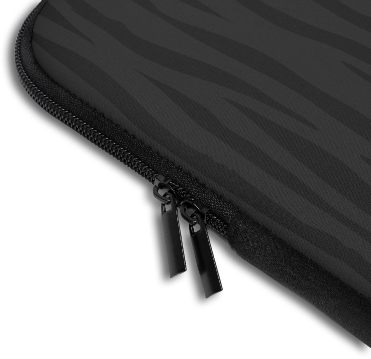 Close-up of the Dark Zebra Custom Name Laptop Sleeve sleeve corner showing the printed design, the padded edge and the dual zipper pulls