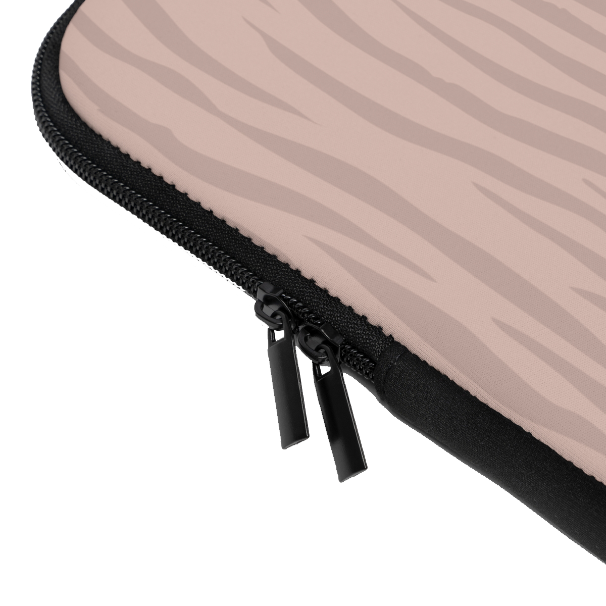 Close-up of the Nude Pink Zebra Custom Name Laptop Sleeve sleeve corner showing the printed design, the padded edge and the dual zipper pulls