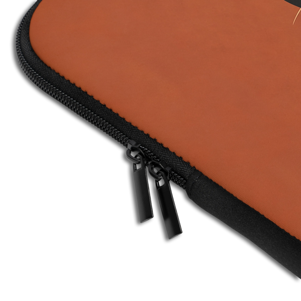 Close-up of the Personalized Zen Cat Laptop Sleeve sleeve corner showing the printed design, the padded edge and the dual zipper pulls