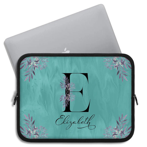 Floral Teal Monogram Custom Name Laptop Sleeve