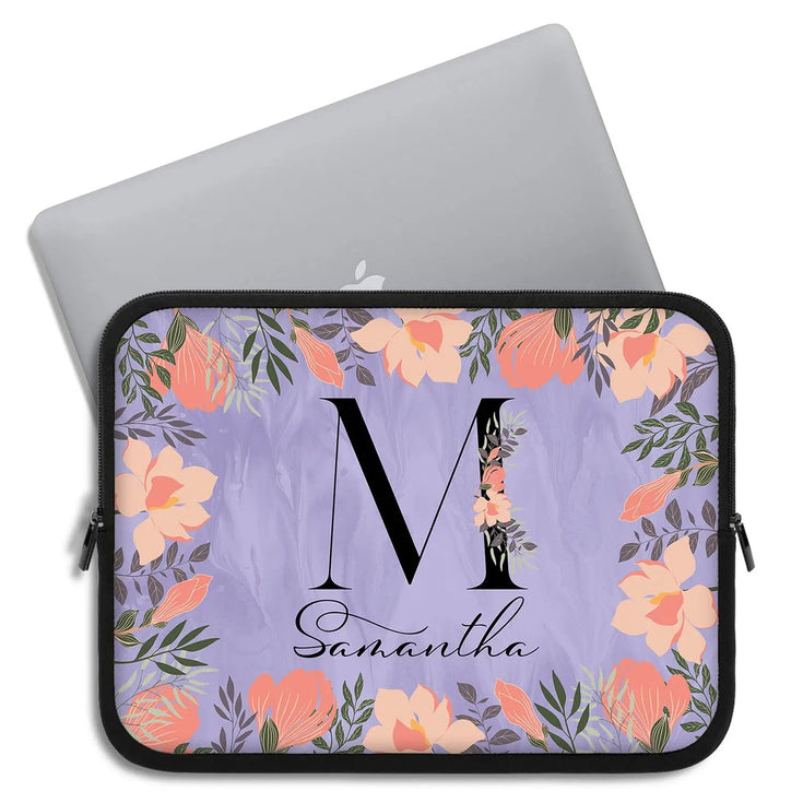 Floral Purple Monogram Custom Name Laptop Sleeve