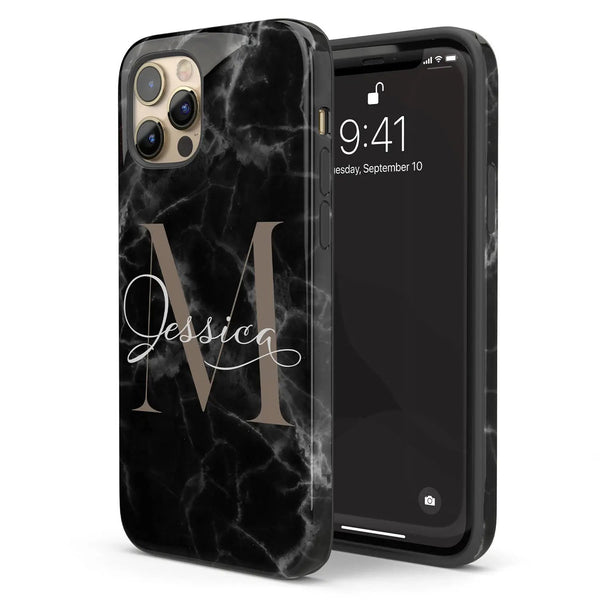 Monogram Personalized Black Marble iPhone Case
