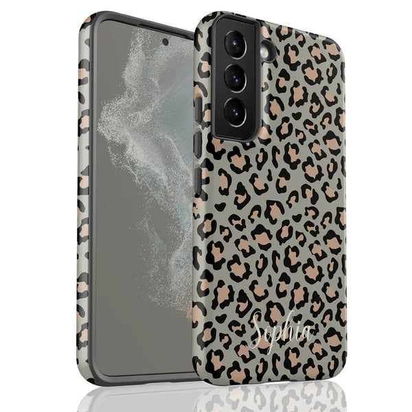 Custom Name Grey & Peach Leopard Galaxy Case