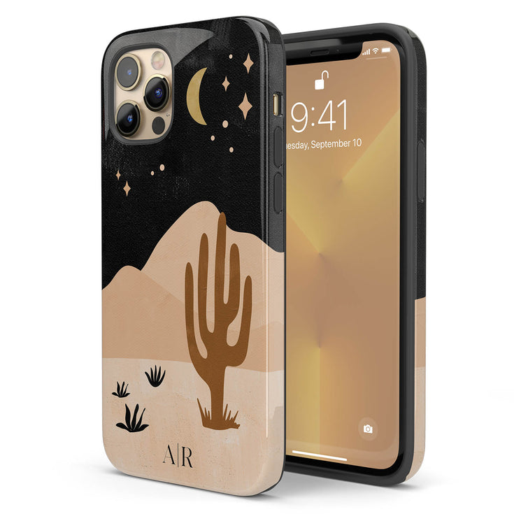 Cactus in Desert Night Landscape Custom Initials iPhone Case
