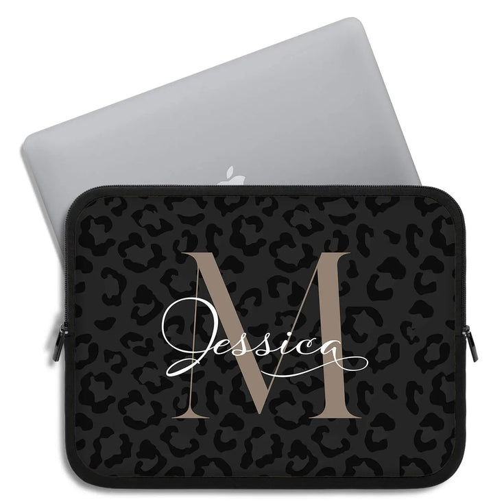 Dark Leopard Monogram Name Laptop Sleeve