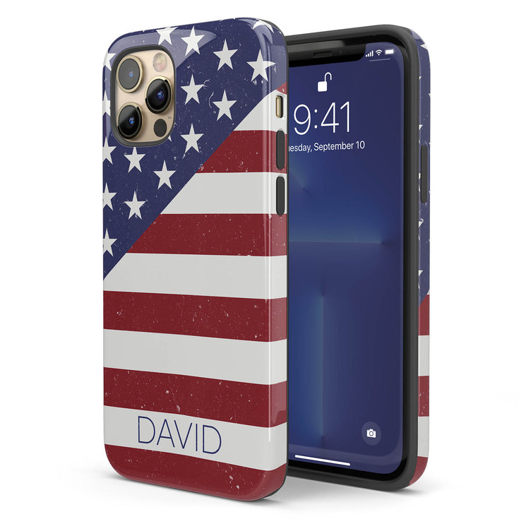 Diagonal American Flag Custom Name iPhone Case