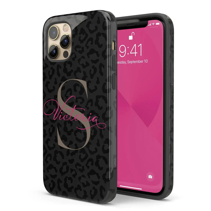 Monogram Personalized Dark Leopard iPhone Case - Hot Pink
