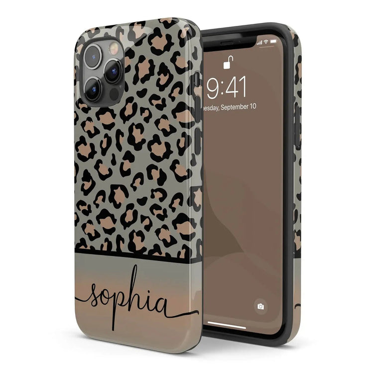 Grey & Peach Personalized Name Leopard iPhone Case