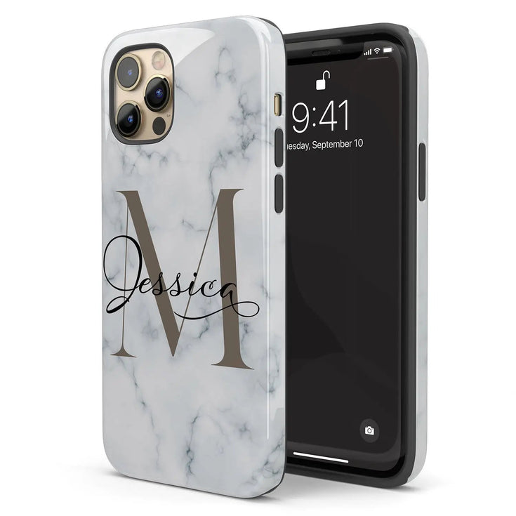 Monogram Personalized White Marble iPhone Case