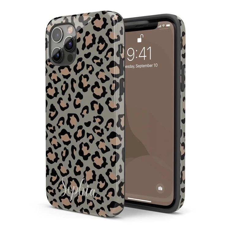 Custom Name Grey & Peach Leopard iPhone Case