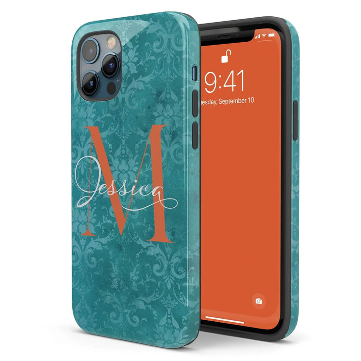 Monogram Personalized Turquoise Damask iPhone Case