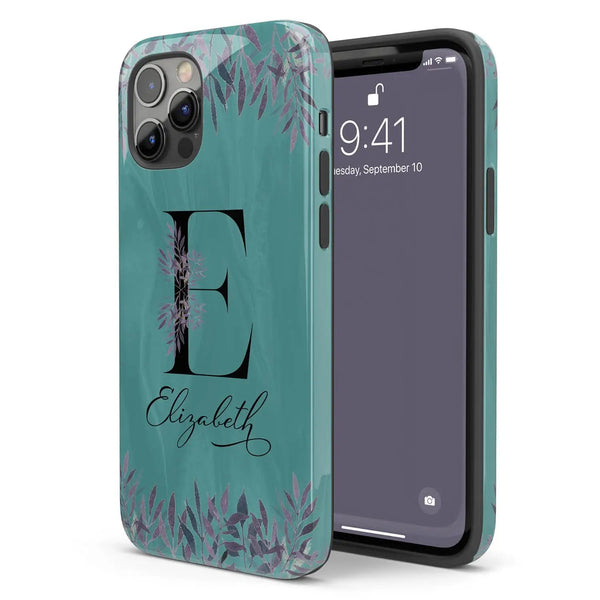 Monogram Teal & Purple Flowers iPhone Case