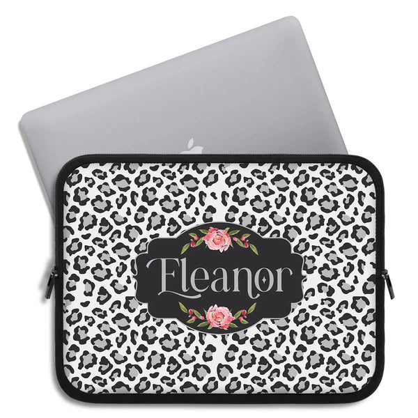 Grey Leopard & Roses Custom Name Laptop Sleeve