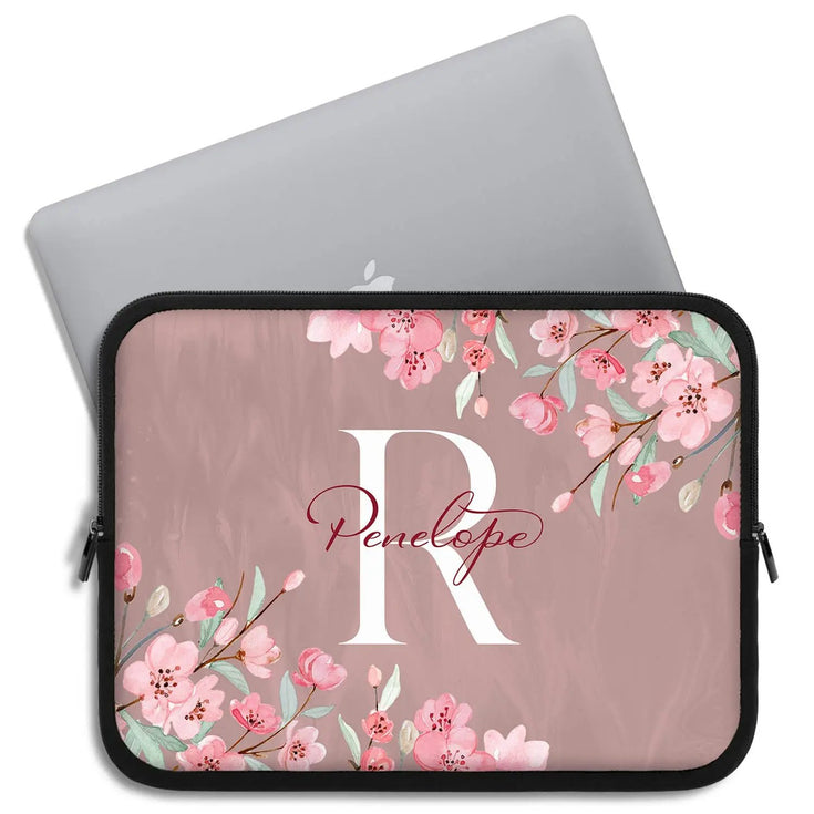 Pink Cherry Blossom Monogram Custom Name Laptop Sleeve