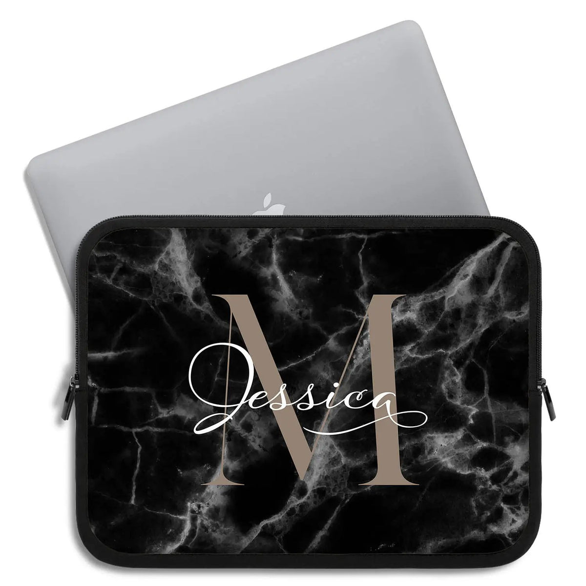 Black Marble Monogram Name Laptop, Macbook & Tablet Sleeve