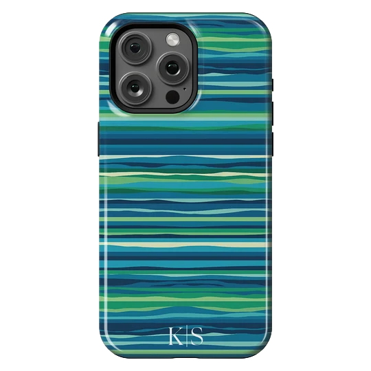Blue and green striped phone case with K|S initials