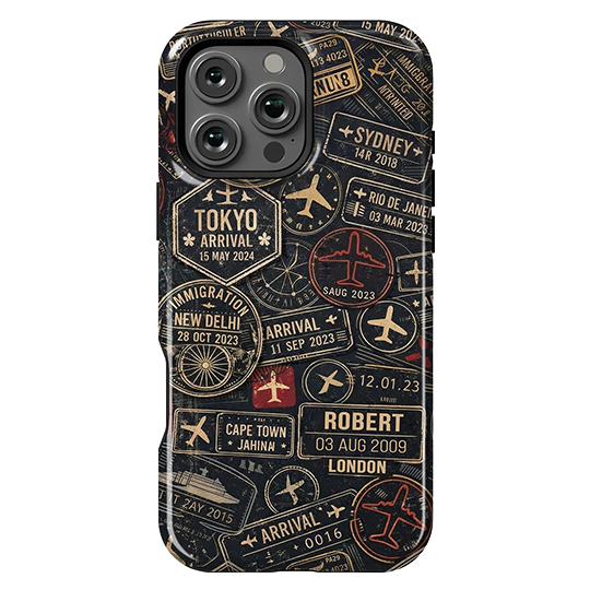 Personalized vintage travel-stamp phone case with the name Robert