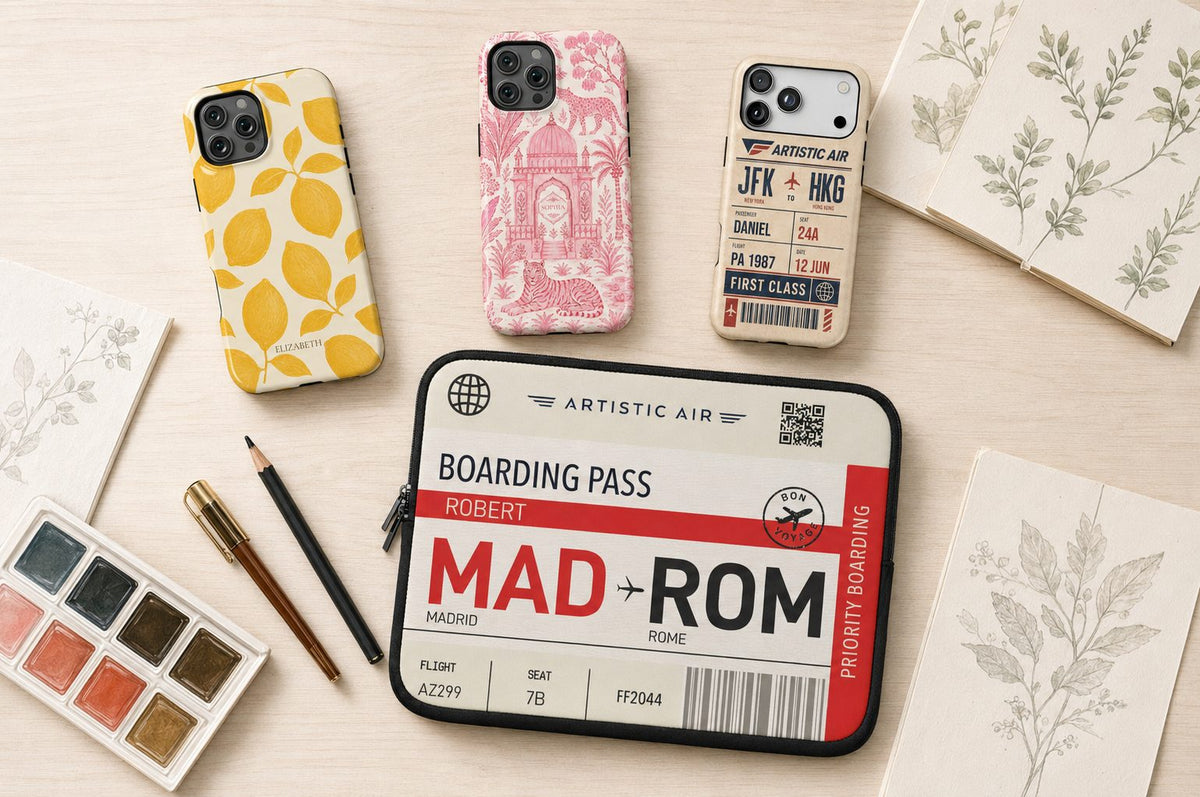 Artisticases phone cases and boarding-pass laptop sleeve arranged with art supplies