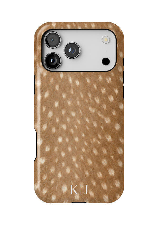 Spotted deer fur phone case with K|J initials near the bottom