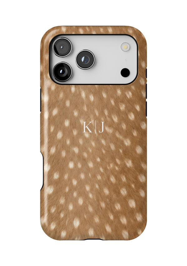 The same spotted deer fur phone case with K|J initials placed higher